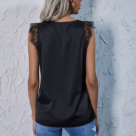 Boho Black Delicate Lace V neck Tank Satin Top - Picture 2 of 3